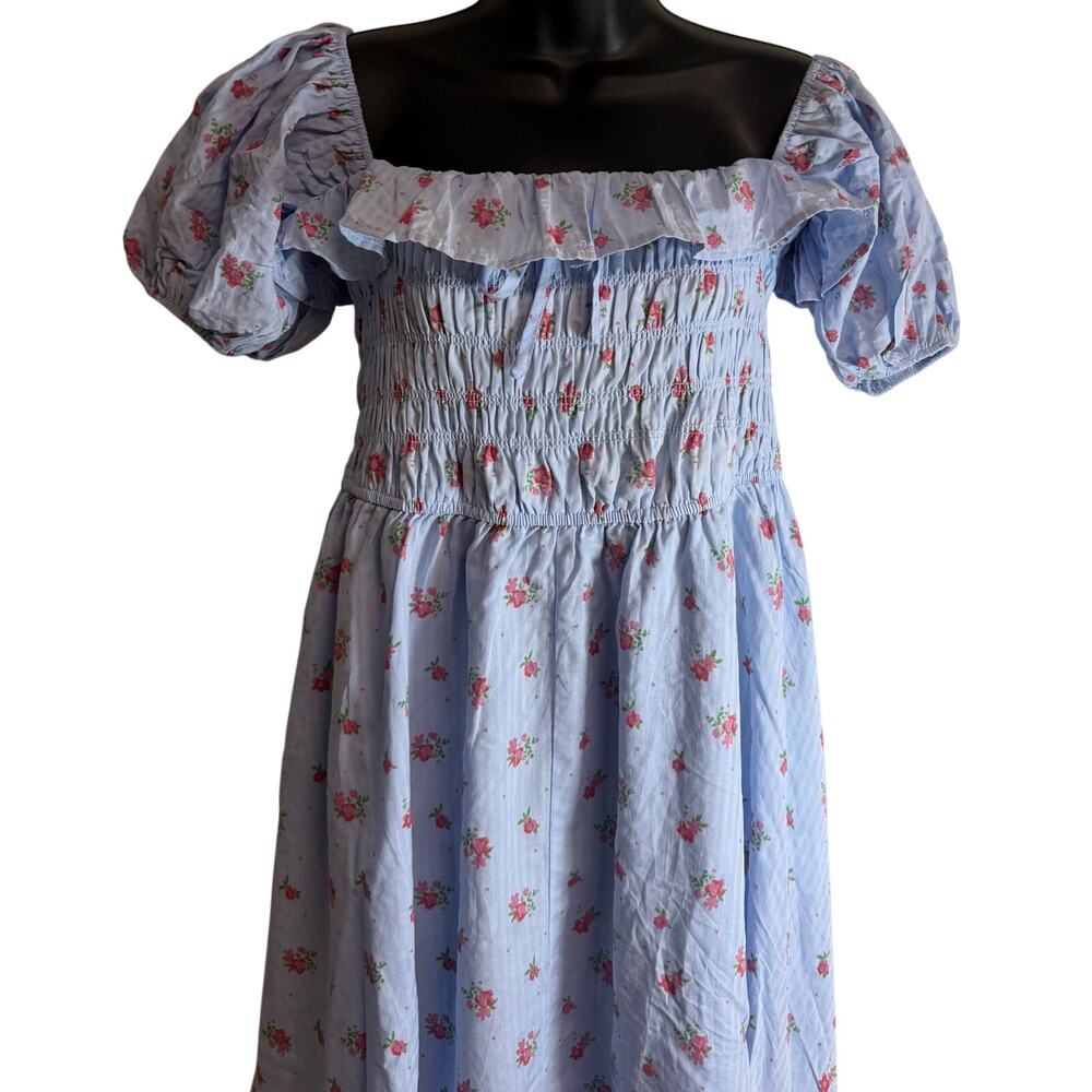 R. Vivimos Floral Smocked Midi Dress XL Blue Cottagecore Puff Sleeve New NWT - Picture 2 of 10